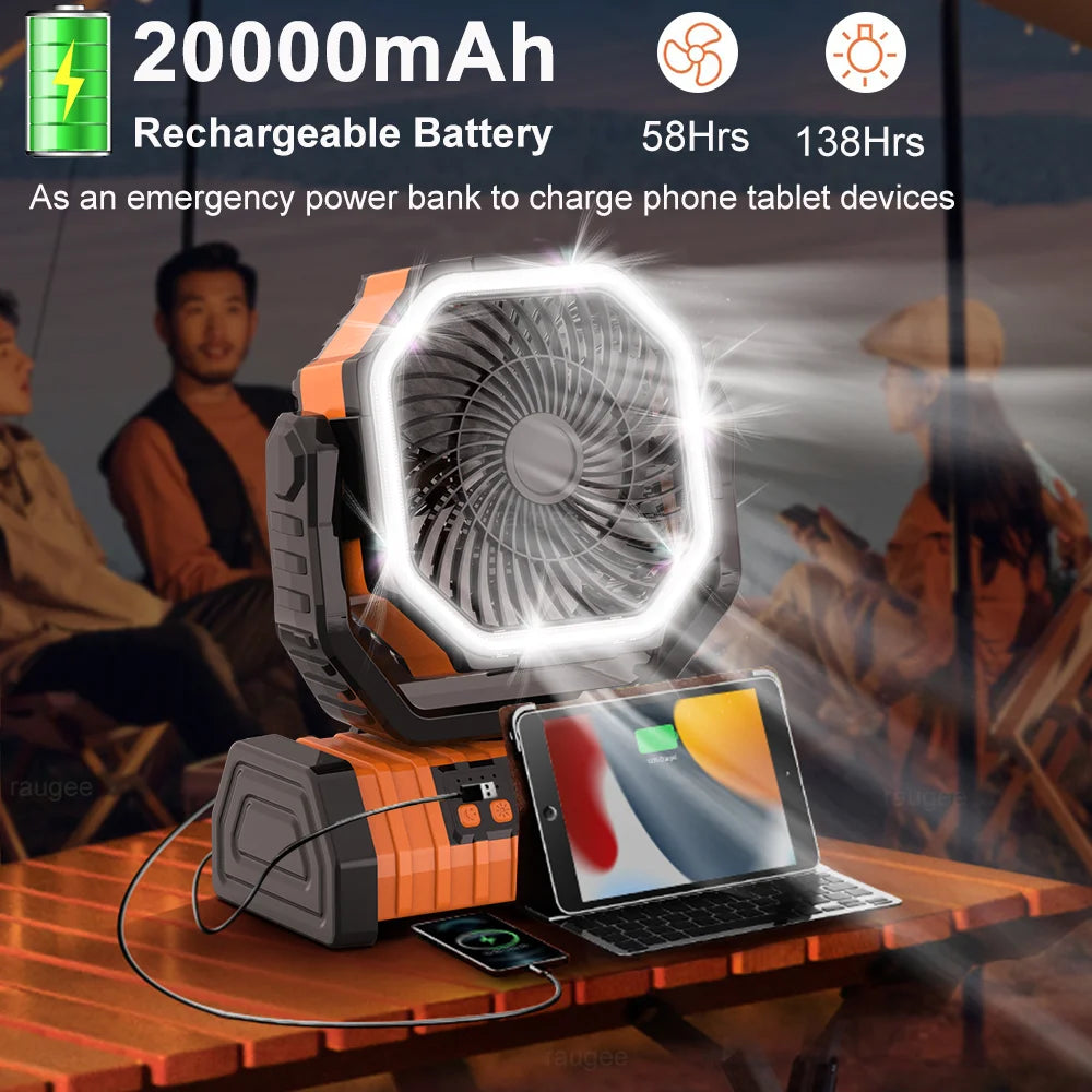 Camping Ceiling Fan 20000Mah Rechargeable Camping Circulator with Light and Remote Control Cool Air Circulation Camping Fan